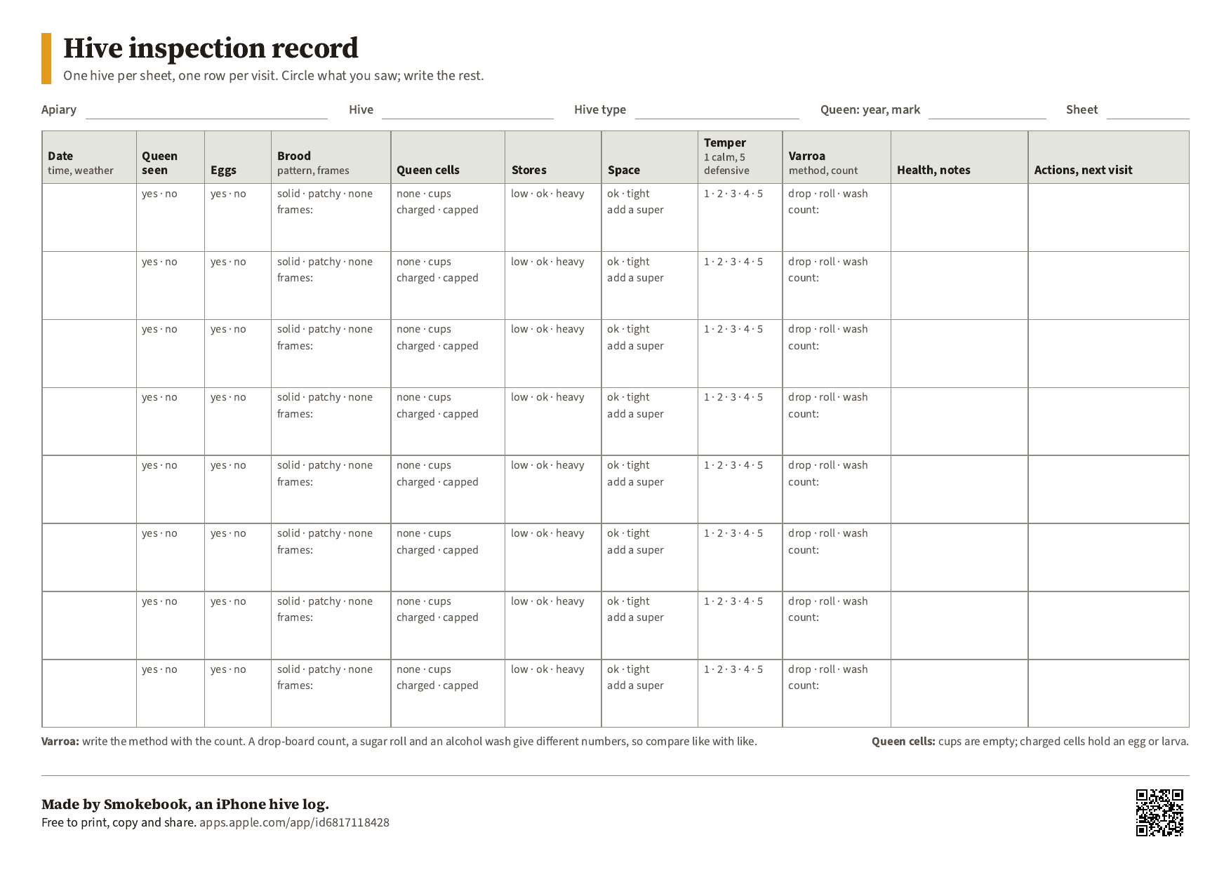 Preview of the hive inspection record