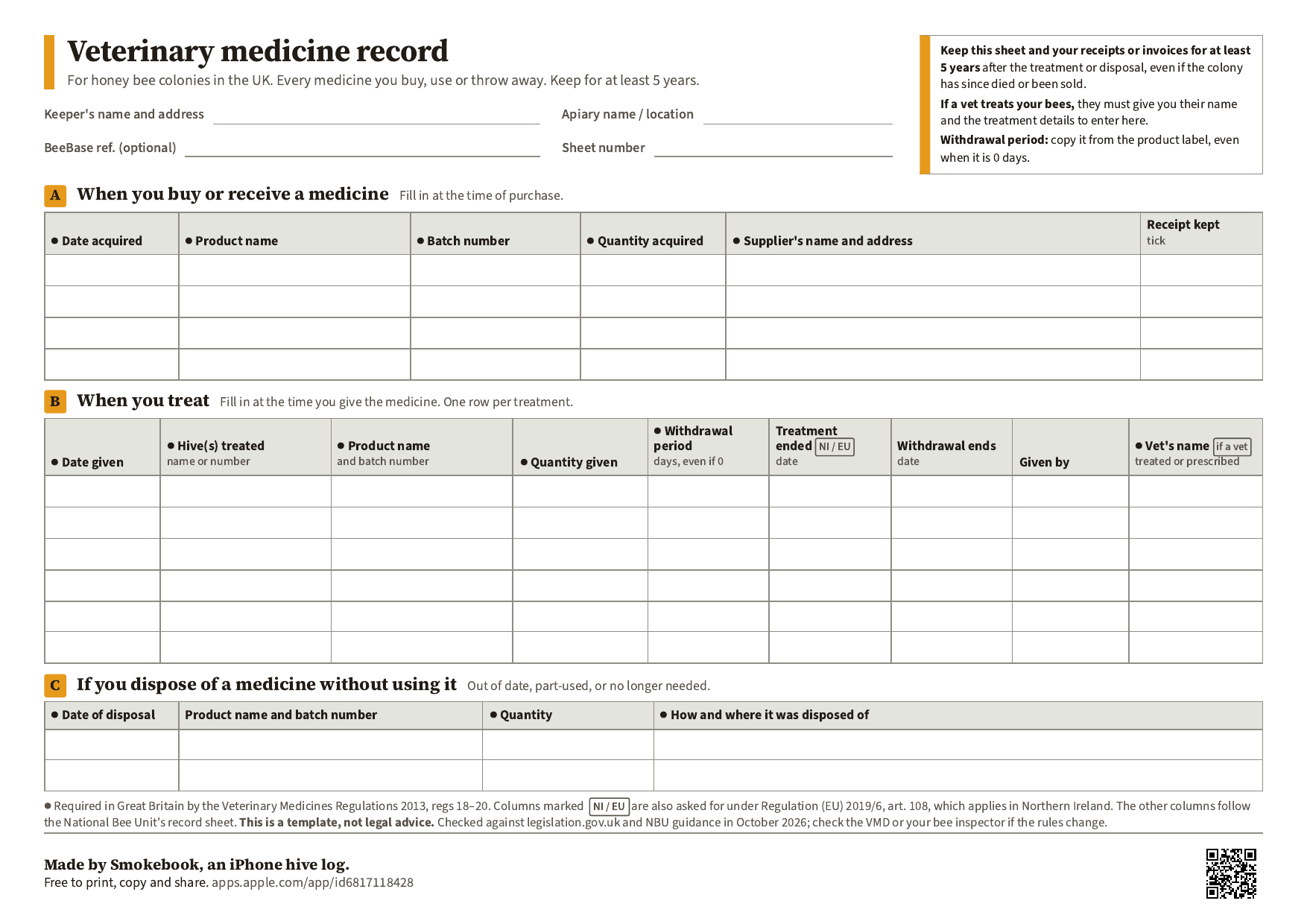 Preview of the veterinary medicine record for uk beekeepers